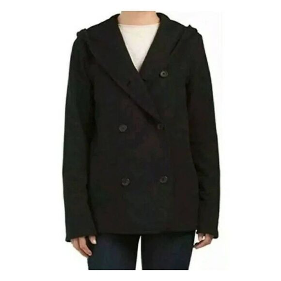 James Perse Double Breasted Pea Coat Black Hoodie Jacket Size 2 (Medium) - Picture 1 of 6